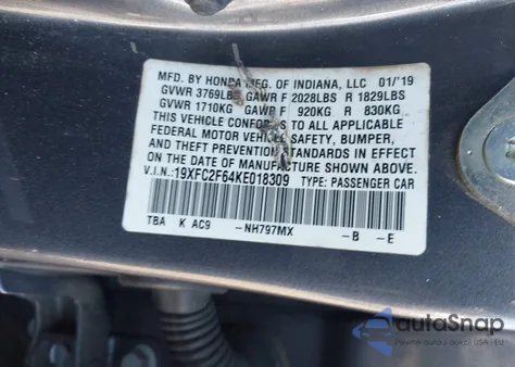 2019 Honda Civic Lx z USA, uszkodzony, nr VIN 19XFC2F64KE018309